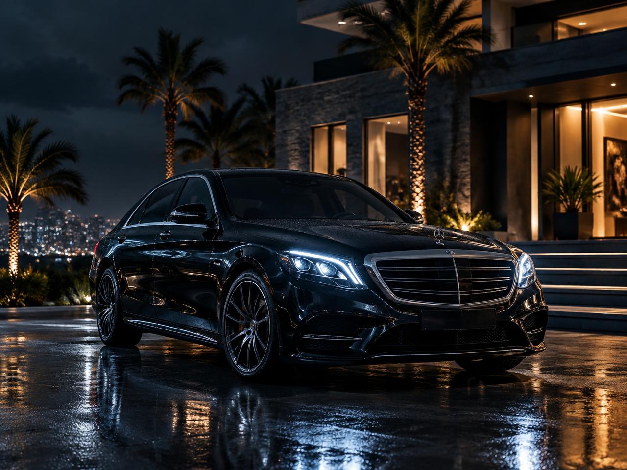 Carro preto premium em frente a uma residência