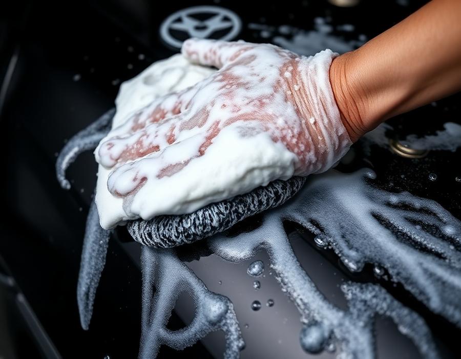 Lavagem externa de carro preto com espuma e luva de microfibra